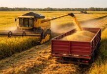 El agro se planta: arroceros frenan ventas con un atraso de hasta US$ 60 y ponen en jaque la campaña en Entre Ríos Cosecha de arroz en Entre Ríos con máquina cosechadora descargando granos en camión en pleno campo durante jornada productiva.