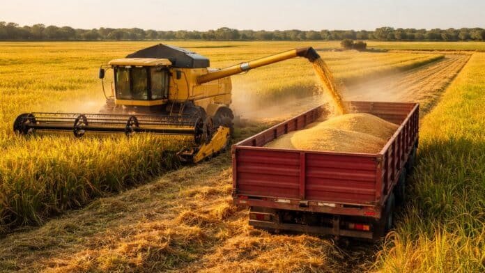 Cosecha de arroz en Entre Ríos con máquina cosechadora descargando granos en camión en pleno campo durante jornada productiva.