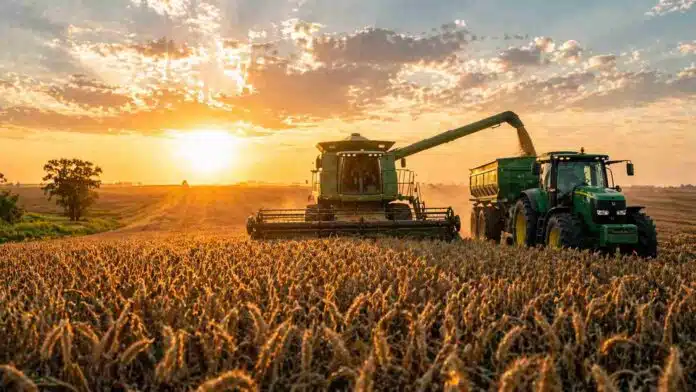 Cosechadora y tractor trabajando en un campo agrícola durante la cosecha al atardecer en Argentina