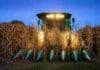 Maíz: la cosecha avanza al 26,5% con demoras por lluvias y se mantiene la proyección en 61 MTn Cosechadora trabajando en la cosecha de maíz con luces encendidas al atardecer en un campo agrícola de Argentina
