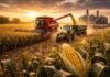 El agro proyecta más dólares en 2026: el maíz lidera y la liquidación se acelera Cosechadora Massey Ferguson descargando maíz en tolva enganchada a tractor Valtra durante cosecha en campo argentino al atardecer