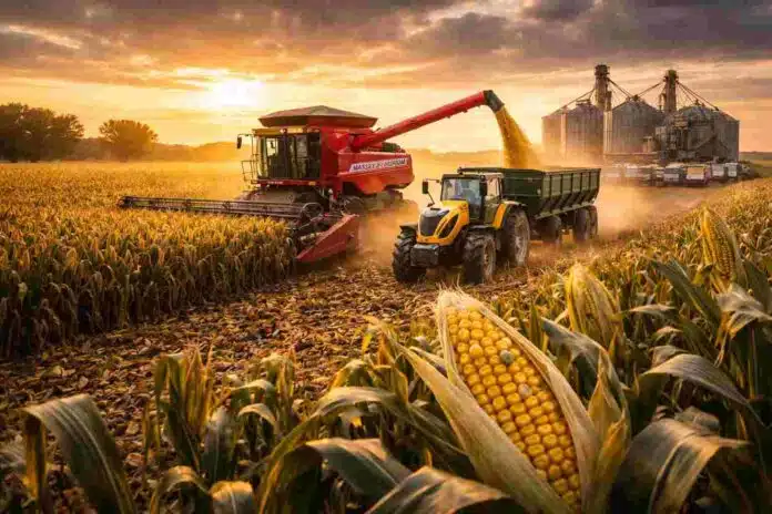 Cosechadora Massey Ferguson descargando maíz en tolva enganchada a tractor Valtra durante cosecha en campo argentino al atardecer