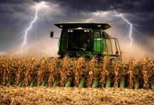Maíz récord: los stocks trepan a 19,3 Mt y presionan al mercado mientras la soja arranca con menor oferta Cosechadora trabajando en maíz seco bajo tormenta con relámpagos en el cielo en campo argentino durante la cosecha
