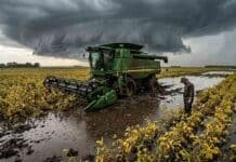 SOJA BAJO AGUA: El drama de los 30 puntos de atraso y una “ciclogénesis” que pone la cosecha en jaque Cosechadora de soja atrapada en el barro en un campo inundado bajo un cielo de tormenta amenazante por la ciclogénesis en la región núcleo de Argentina.