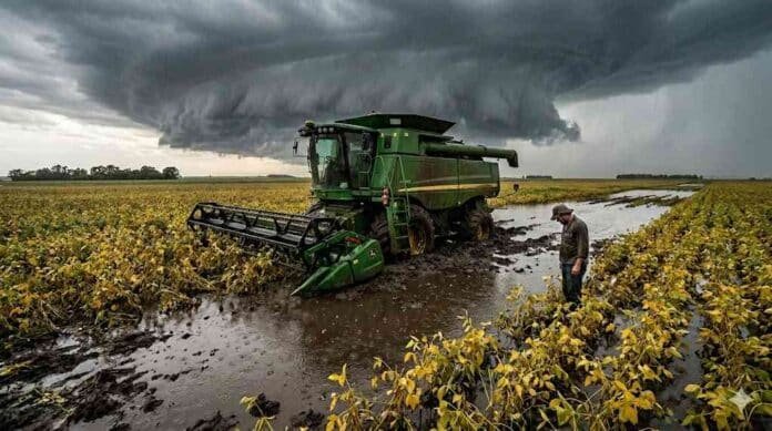 Cosechadora de soja atrapada en el barro en un campo inundado bajo un cielo de tormenta amenazante por la ciclogénesis en la región núcleo de Argentina.
