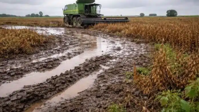 Cosechadora trabajando en campo de soja con barro y sectores inundados tras lluvias en la Pampa húmeda