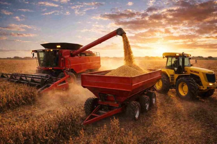 Cosechadora descargando soja en tolva durante la cosecha en un campo argentino con tractor acompañando y granos en movimiento