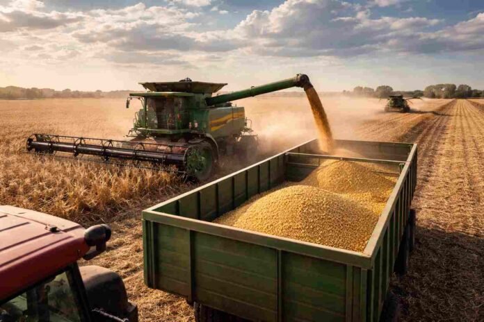 Cosecha de soja en la Pampa húmeda argentina con cosechadora descargando granos en tolva, en un campo productivo bajo condiciones óptimas.