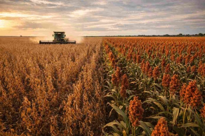 cosecha-soja-sorgo-entre-rios-campaña-gruesa-ruralnet Cosecha de soja de primera en Entre Ríos con máquina trabajando en lote y cultivo de sorgo en pie, reflejando una campaña condicionada por alta humedad y caída en los rindes.
