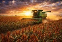 La cosecha de sorgo avanza con demora por lluvias, pero los rindes sostienen la proyección Cosecha de sorgo granífero con cosechadora en pleno trabajo en campo argentino con condiciones óptimas de clima