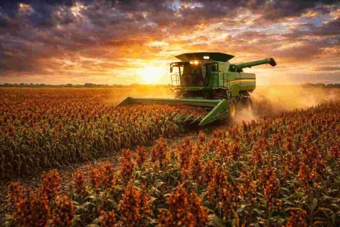 Cosecha de sorgo granífero con cosechadora en pleno trabajo en campo argentino con condiciones óptimas de clima