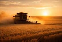 Impacto global en el campo: la guerra dispara insumos y golpea los márgenes de la campaña fina Cosechadora trabajando en un campo de trigo durante el amanecer con cielo en tonos naranjas y sol bajo, levantando polvo en un paisaje agrícola de la Pampa húmeda argentina