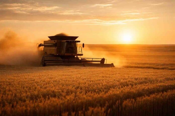 cosecha-trigo-amanecer-cosechadora-campo-argentino-ruralnet Cosechadora trabajando en un campo de trigo durante el amanecer con cielo en tonos naranjas y sol bajo, levantando polvo en un paisaje agrícola de la Pampa húmeda argentina