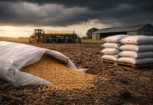 Fuerte tensión por semillas: semilleros en crisis y productores rechazan UPOV 91 Silobolsa abierto con semillas desparramadas en un campo agrícola argentino, con maquinaria detenida al fondo y cielo oscuro que refleja tensión en el sector agropecuario