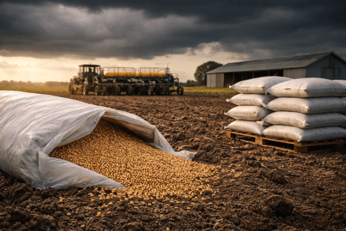 Silobolsa abierto con semillas desparramadas en un campo agrícola argentino, con maquinaria detenida al fondo y cielo oscuro que refleja tensión en el sector agropecuario