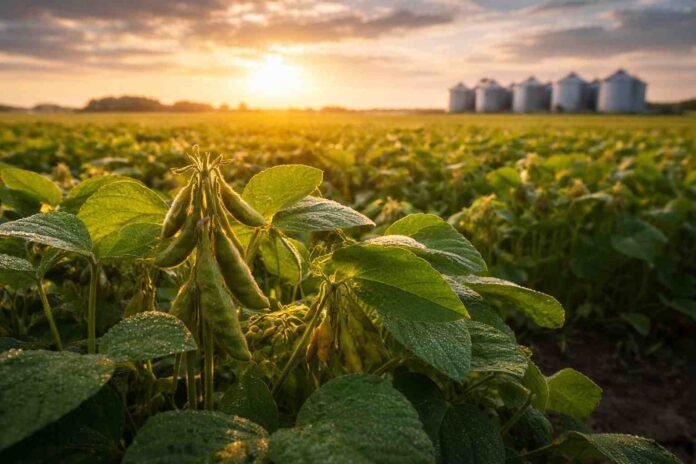 cultivo-soja-campo-argentino-vainas-produccion-ruralnet Cultivo de soja con vainas desarrolladas en un lote agrícola al atardecer, con silos al fondo, representando la producción y el potencial del cultivo en Argentina
