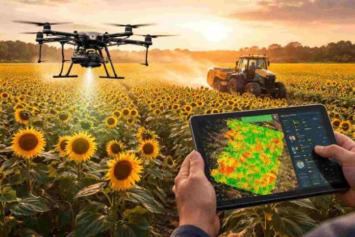 Drone sobrevuela un cultivo de girasol mientras un tractor aplica fertilizante al atardecer, con monitoreo digital del lote para optimizar el uso de nitrógeno