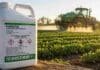 Cambian las etiquetas de fitosanitarios: desde ahora deberán incluir pictogramas y advertencias obligatorias Envase de fitosanitario en primer plano con tractor aplicando en un campo agrícola durante la mañana