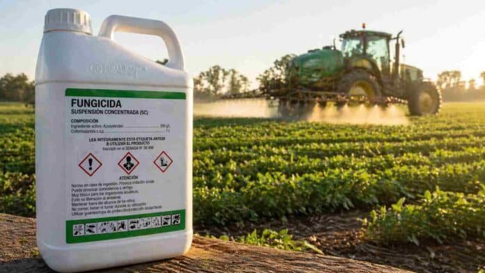 Envase de fitosanitario en primer plano con tractor aplicando en un campo agrícola durante la mañana