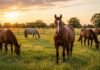 Cambian las reglas para los caballos: exigen 2% de alimento, descanso profundo y cuarentenas de hasta 14 días Caballos pastando en un campo al atardecer en Argentina, representando la producción equina y el bienestar animal.