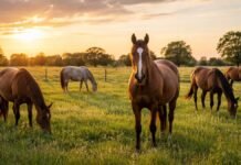 Cambian las reglas para los caballos: exigen 2% de alimento, descanso profundo y cuarentenas de hasta 14 días Caballos pastando en un campo al atardecer en Argentina, representando la producción equina y el bienestar animal.
