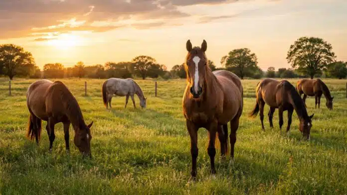 Caballos pastando en un campo al atardecer en Argentina, representando la producción equina y el bienestar animal.