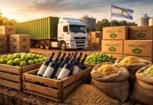 Exportaciones orgánicas suben 31% y alcanzan 167.600 toneladas con récord histórico Productos orgánicos argentinos listos para exportación con frutas, vino y granos en primer plano y camión de carga en un entorno agroindustrial