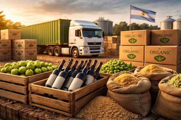Productos orgánicos argentinos listos para exportación con frutas, vino y granos en primer plano y camión de carga en un entorno agroindustrial