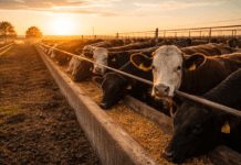 Fuerte tensión en el feedlot: margen de $130.000 por animal, pero el consumo le pone techo al precio Vacunos en un feedlot alimentándose en el corral durante el amanecer en un establecimiento ganadero argentino