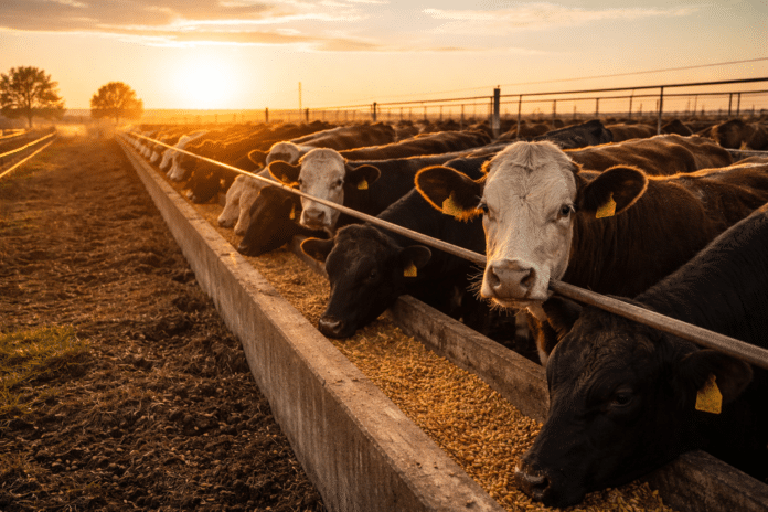 Vacunos en un feedlot alimentándose en el corral durante el amanecer en un establecimiento ganadero argentino