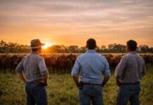 Se dispara la confianza en el agro: sube 7,7% y alcanza el nivel más alto en 9 años Productores observan un rodeo bovino en un campo al atardecer, reflejando el buen momento del sector ganadero y la mejora en la confianza del agro argentino.