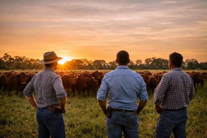 ganaderia-argentina-productores-evaluacion-rodeo-confianza-agro-ruralnet Productores observan un rodeo bovino en un campo al atardecer, reflejando el buen momento del sector ganadero y la mejora en la confianza del agro argentino.