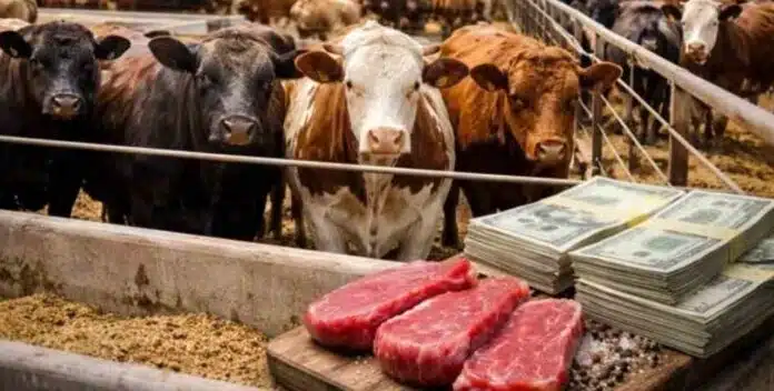 Bovinos en feedlot con cortes de carne y dinero en primer plano, representando el negocio ganadero y el valor de la carne.