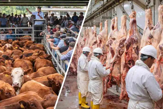 ganaderia-remate-faena-industria-carnica-argentina-marzo-ruralnet Escena dividida con remate de hacienda en un mercado ganadero y faena en frigorífico, reflejando el contraste entre el récord de ventas y la caída en los envíos a faena en Argentina.