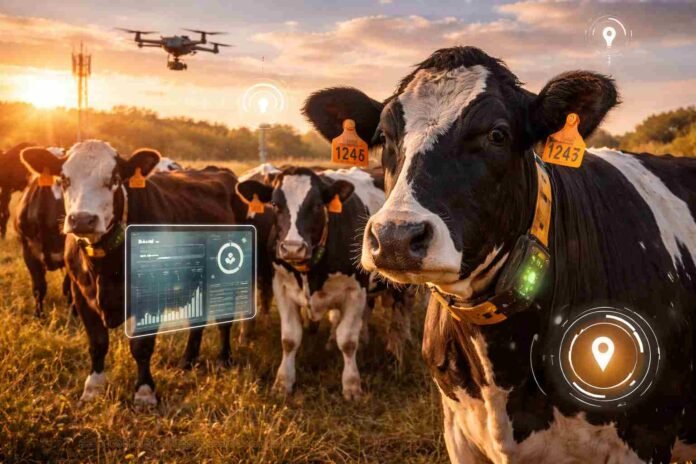 Bovinos en un campo argentino con dispositivos electrónicos y sensores para monitoreo productivo en un sistema de ganadería de precisión