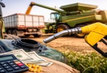 Fuerte suba del gasoil: cuesta hasta 16% más que en países competidores y presiona los costos del agro Carga de gasoil en maquinaria agrícola durante cosecha, reflejando el impacto del costo del combustible en la producción agropecuaria argentina.