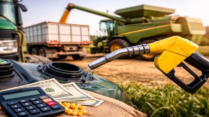 Carga de gasoil en maquinaria agrícola durante cosecha, reflejando el impacto del costo del combustible en la producción agropecuaria argentina.