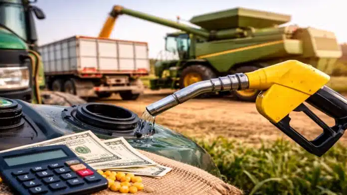 Carga de gasoil en maquinaria agrícola durante cosecha, reflejando el impacto del costo del combustible en la producción agropecuaria argentina.