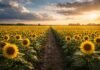 Hasta US$2500 millones: el girasol puede disparar exportaciones, pero depende de una baja de retenciones Campo de girasol en Argentina bajo luz de atardecer, representando el crecimiento productivo y el potencial de exportaciones del cultivo.