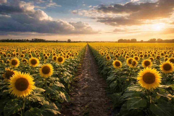 Campo de girasol en Argentina bajo luz de atardecer, representando el crecimiento productivo y el potencial de exportaciones del cultivo.