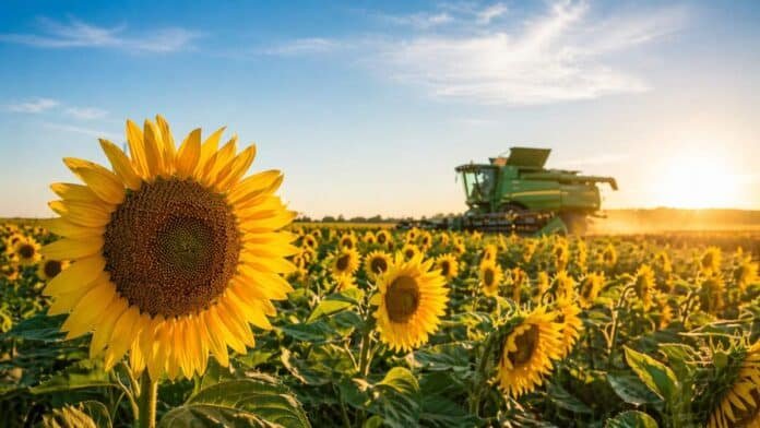 Campo de girasol con cosechadora trabajando al amanecer en la región agrícola argentina