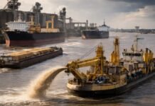 La hidrovía entra en definición: dos gigantes del dragado compiten por una concesión clave para el agro Buques y draga trabajando en la hidrovía Paraná con terminales portuarias al fondo, eje clave para las exportaciones agroindustriales argentinas.