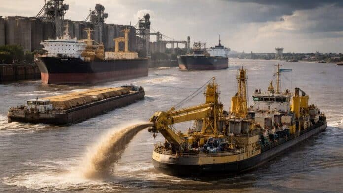 Buques y draga trabajando en la hidrovía Paraná con terminales portuarias al fondo, eje clave para las exportaciones agroindustriales argentinas.