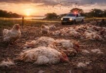 Alerta sanitaria por gripe aviar: 21 brotes en 2026 y foco de riesgo en el Litoral Gallinas en un establecimiento avícola afectado por influenza aviar en Argentina, representando el impacto sanitario en la producción
