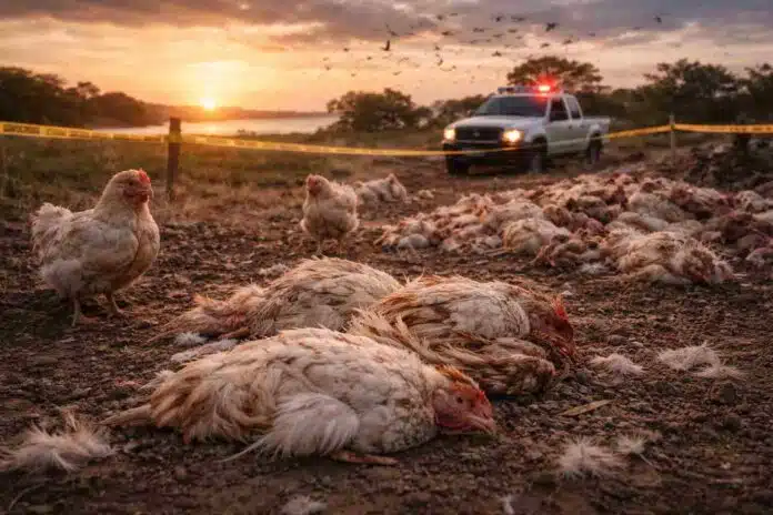 Gallinas en un establecimiento avícola afectado por influenza aviar en Argentina, representando el impacto sanitario en la producción