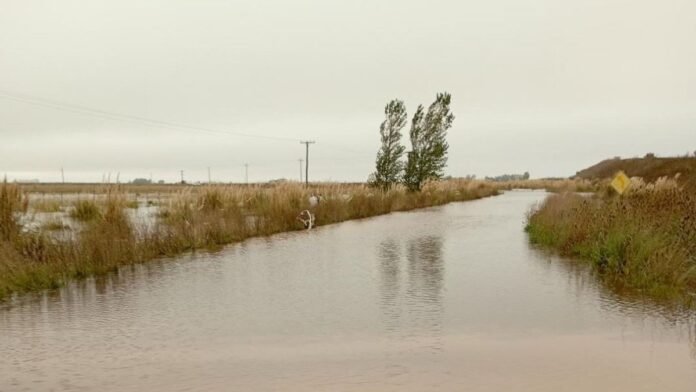Camino rural completamente inundado en Olavarría tras lluvias intensas, con agua cubriendo la traza y evidenciando el impacto del exceso hídrico en la zona productiva.
