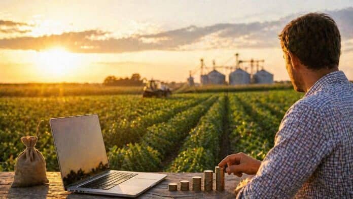 Productor analizando inversión en campo agrícola al atardecer con cultivo, maquinaria y concepto de economía real