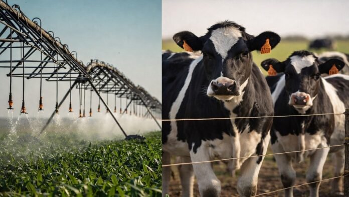 inversion-riego-agricola-tecnologia-cultivos-argentina-ruralnet Sistema de riego agrícola en funcionamiento sobre cultivo en campo argentino, inversión en tecnología para mejorar productividad y eficiencia hídrica.