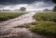 Lluvias de hasta 70 mm impactan en más de 80 localidades y generan anegamientos en Buenos Aires y Entre Ríos Lluvias intensas anegan caminos rurales y cultivos en la zona núcleo, con agua acumulada y cielo oscuro de tormenta sobre campos agrícolas.