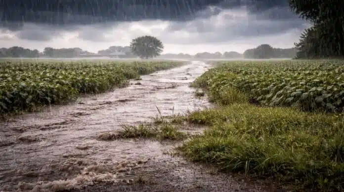Lluvias intensas anegan caminos rurales y cultivos en la zona núcleo, con agua acumulada y cielo oscuro de tormenta sobre campos agrícolas.